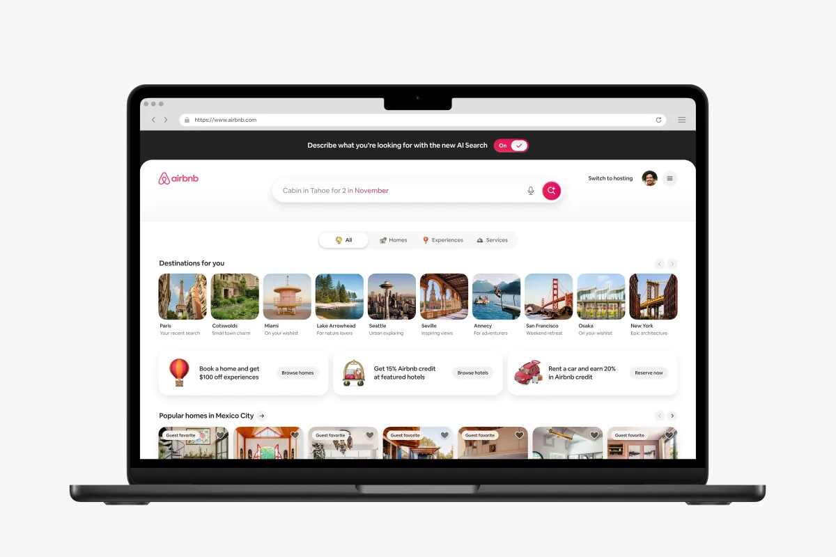 Airbnb adiciona pesquisa de IA e mais recursos sociais